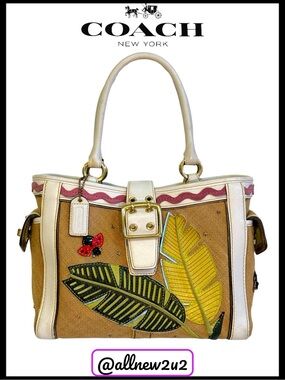 Coach Limited Edition Leafy Lady Bug Boxy Straw / Burlap & Leather Bag Host Pick